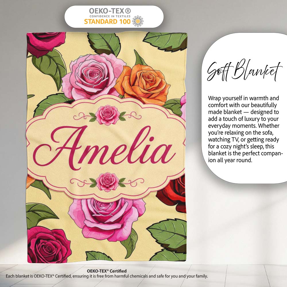 Colorful Roses on Warm Beige Background Seamless Floral Pattern  Personalised Custom Name Super Soft Fleece Blanket Bed Sofa Throw