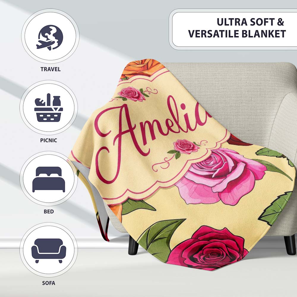 Colorful Roses on Warm Beige Background Seamless Floral Pattern  Personalised Custom Name Super Soft Fleece Blanket Bed Sofa Throw