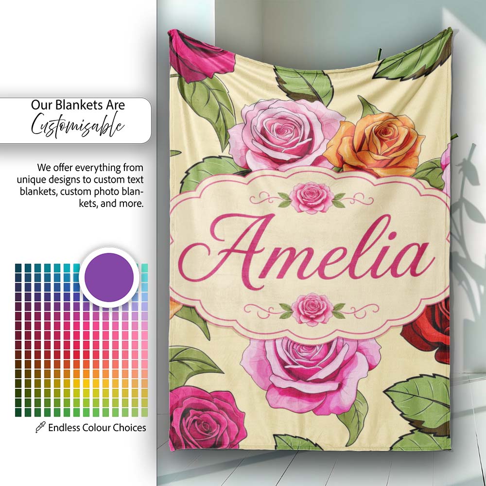 Colorful Roses on Warm Beige Background Seamless Floral Pattern  Personalised Custom Name Super Soft Fleece Blanket Bed Sofa Throw