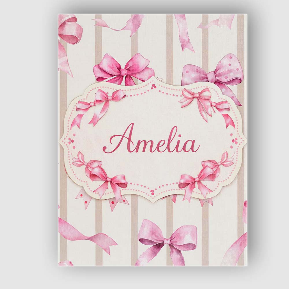 Personalised Name Watercolor Pink Ribbon Bow with Neutral Beige Custom  Statement Canvas Wall Art Print Decor Picture Ready to Hang