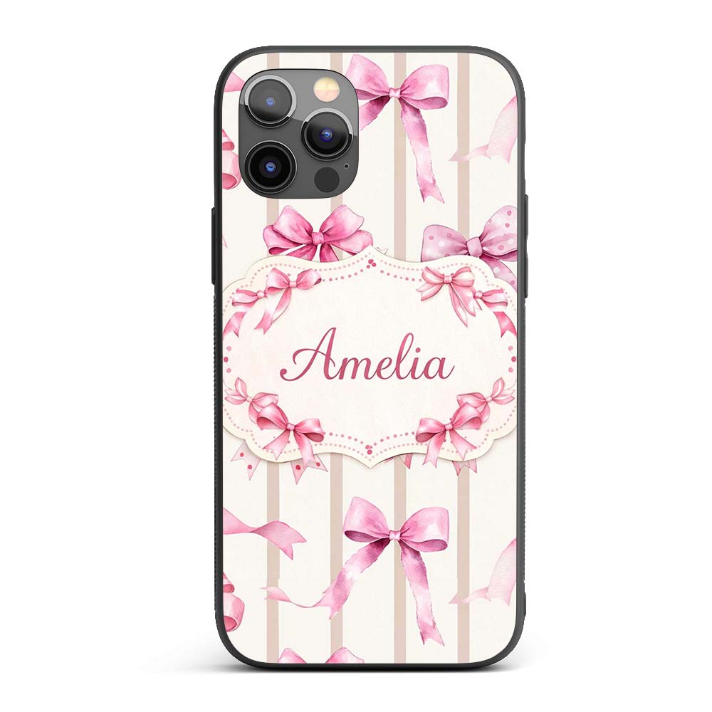 Watercolor Pink Ribbon Bow with Neutral Beige Custom Name Protective Phone Case Mobile Cover Durable Everyday Smartphone Shock Resistant
