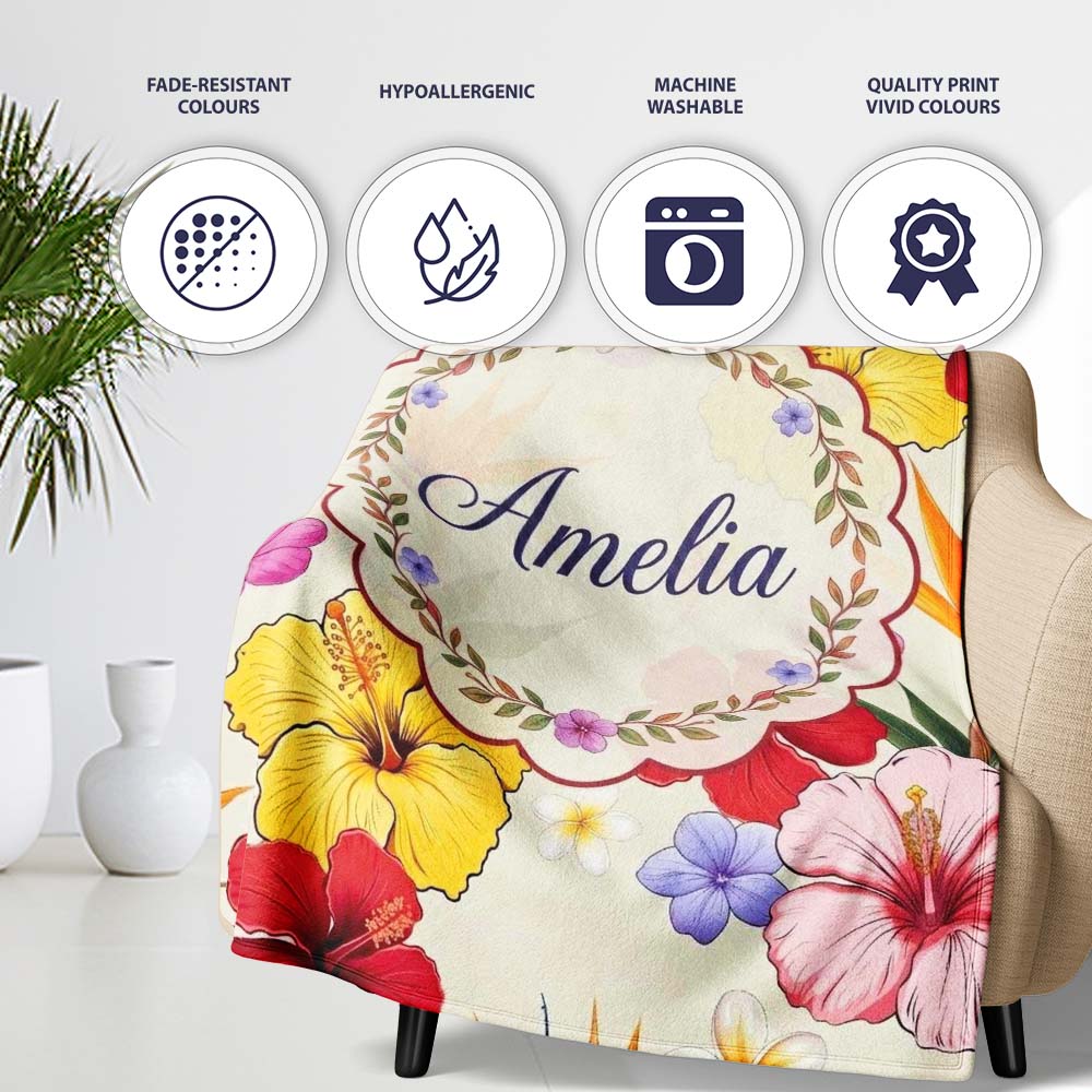 Tropical Hibiscus and Bird of Paradise Floral Seamless Pattern  Personalised Custom Name Super Soft Fleece Blanket Bed Sofa Throw