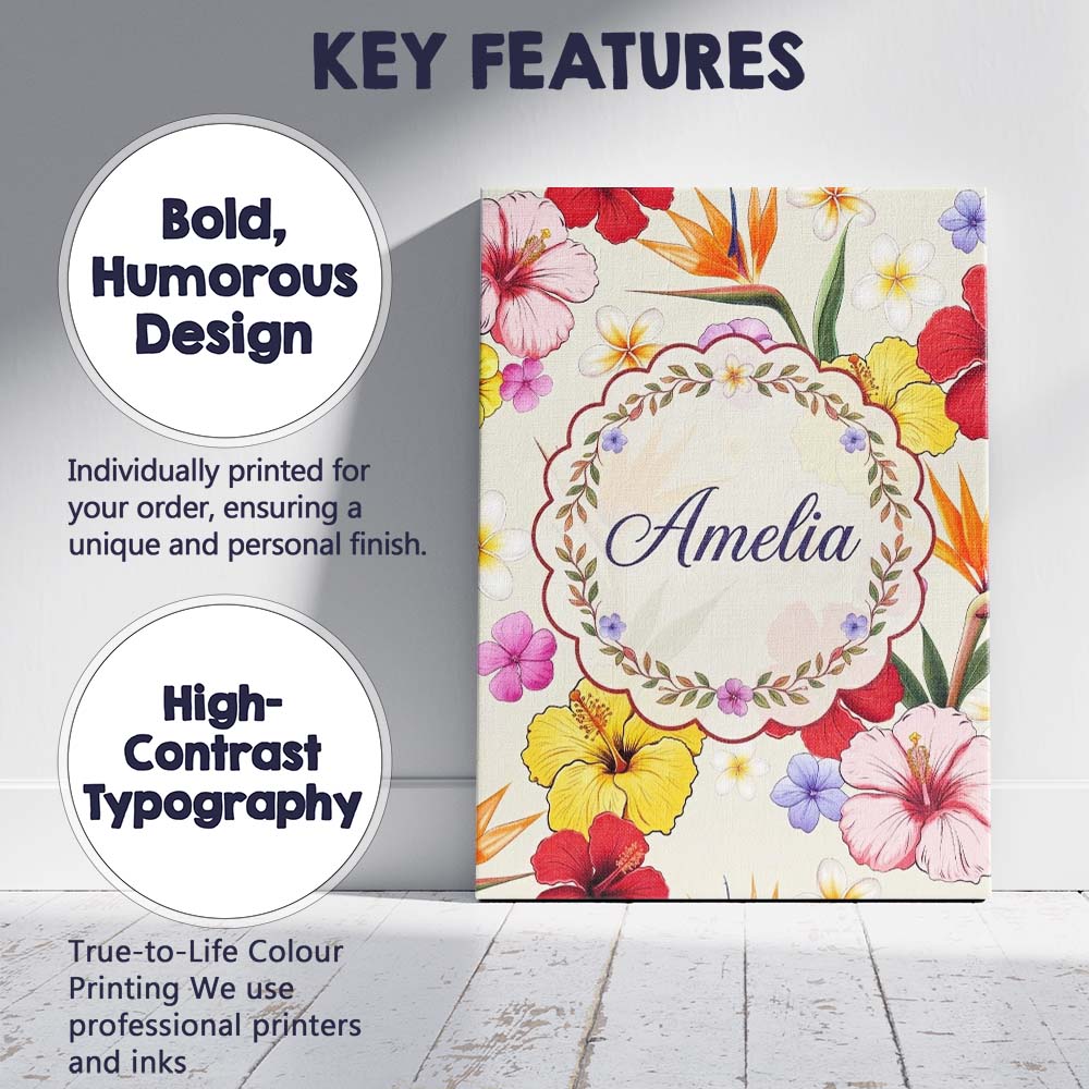 Personalised Name Tropical Hibiscus and Custom  Modern Room Accent Elegant Feature Canvas Wall Art Print Decor Picture Ready to Hang