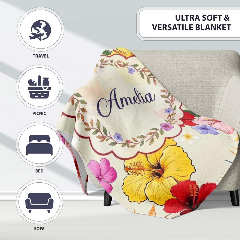Tropical Hibiscus and Bird of Paradise Floral Seamless Pattern  Personalised Custom Name Super Soft Fleece Blanket Bed Sofa Throw