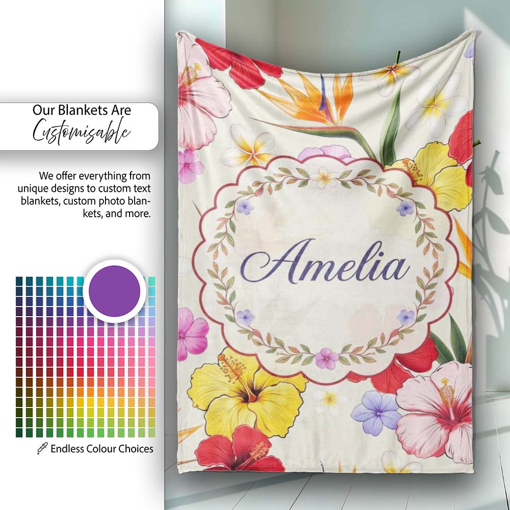 Tropical Hibiscus and Bird of Paradise Floral Seamless Pattern  Personalised Custom Name Super Soft Fleece Blanket Bed Sofa Throw