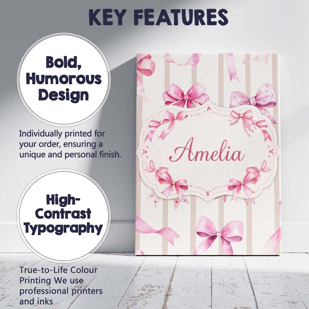 Personalised Name Watercolor Pink Ribbon Bow with Neutral Beige Custom  Statement Canvas Wall Art Print Decor Picture Ready to Hang