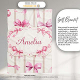 Watercolor Pink Ribbon Bow with Neutral Beige Stripes Background  Personalised Custom Name Super Soft Fleece Blanket Bed Sofa Throw