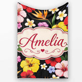Tropical Hibiscus Bird of Paradise Seamless Pattern Black Background  Personalised Custom Name Super Soft Fleece Blanket Bed Sofa Throw