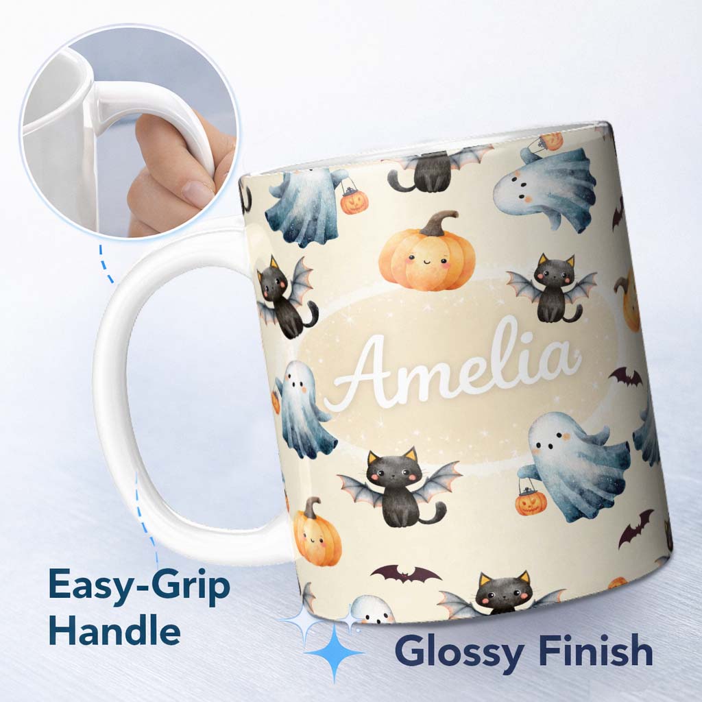 Personalized Custom Name Halloween Ghost Pumpkin Cat Seamless Pattern Beige Cute Spooky 11oz Ceramic Coffee Tea Mug White Large Handle