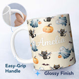Personalized Custom Name Halloween Ghost Pumpkin Cat Seamless Pattern Beige Cute Spooky 11oz Ceramic Coffee Tea Mug White Large Handle