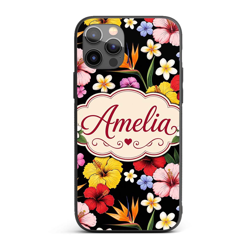 Tropical Hibiscus Bird of Paradise Printed Design Custom Name Protective Phone Case Mobile Cover Durable Everyday Smartphone Shock Resistant