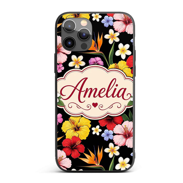 Tropical Hibiscus Bird of Paradise Printed Design Custom Name Protective Phone Case Mobile Cover Durable Everyday Smartphone Shock Resistant