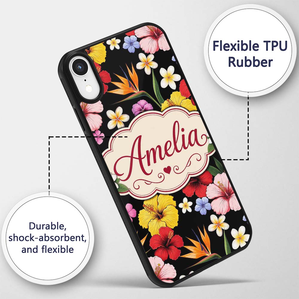 Tropical Hibiscus Bird of Paradise Printed Design Custom Name Protective Phone Case Mobile Cover Durable Everyday Smartphone Shock Resistant