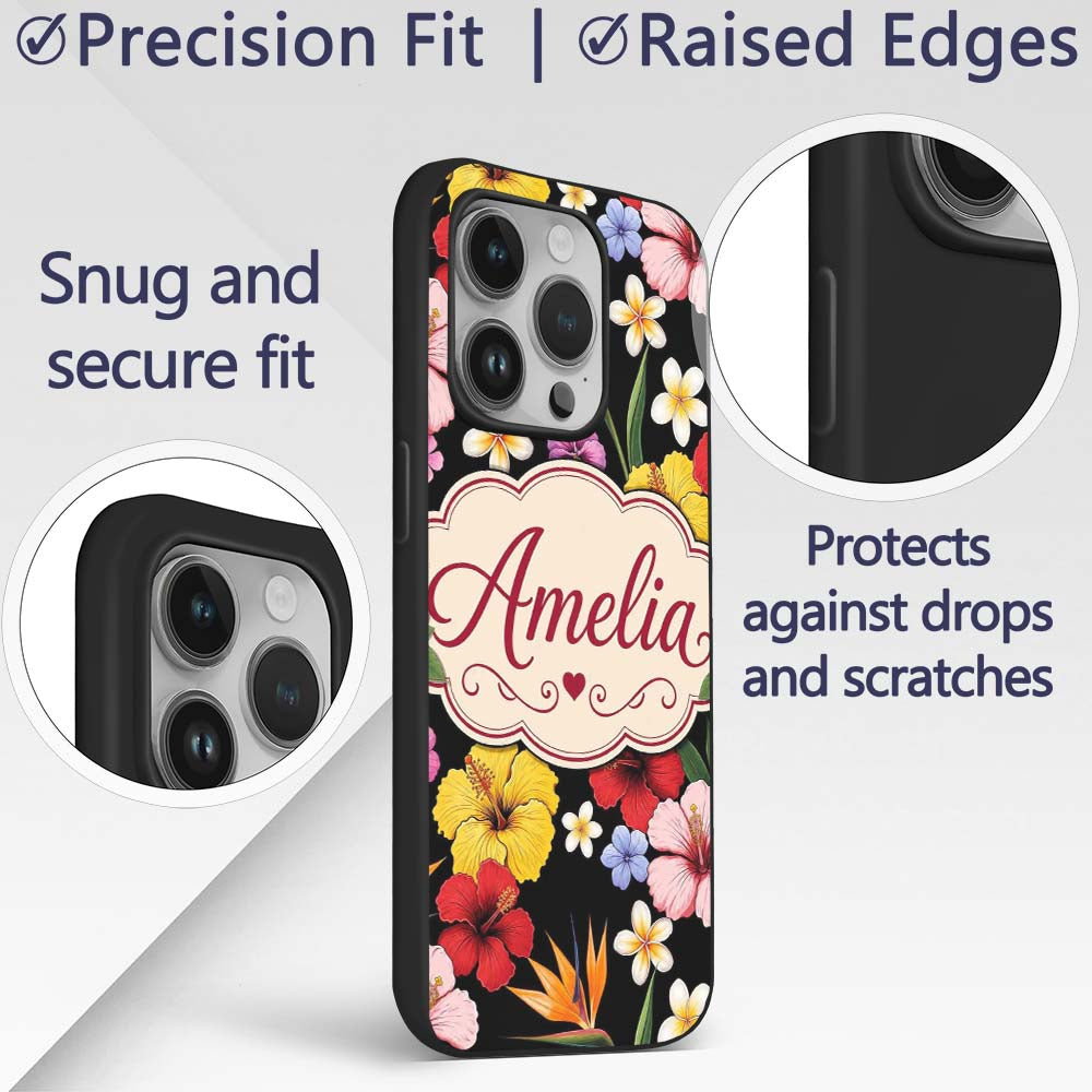Tropical Hibiscus Bird of Paradise Printed Design Custom Name Protective Phone Case Mobile Cover Durable Everyday Smartphone Shock Resistant