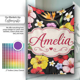 Tropical Hibiscus Bird of Paradise Seamless Pattern Black Background  Personalised Custom Name Super Soft Fleece Blanket Bed Sofa Throw