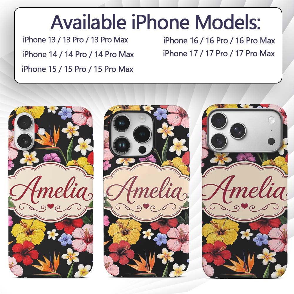 Tropical Hibiscus Bird of Paradise Printed Design Custom Name Protective Phone Case Mobile Cover Durable Everyday Smartphone Shock Resistant