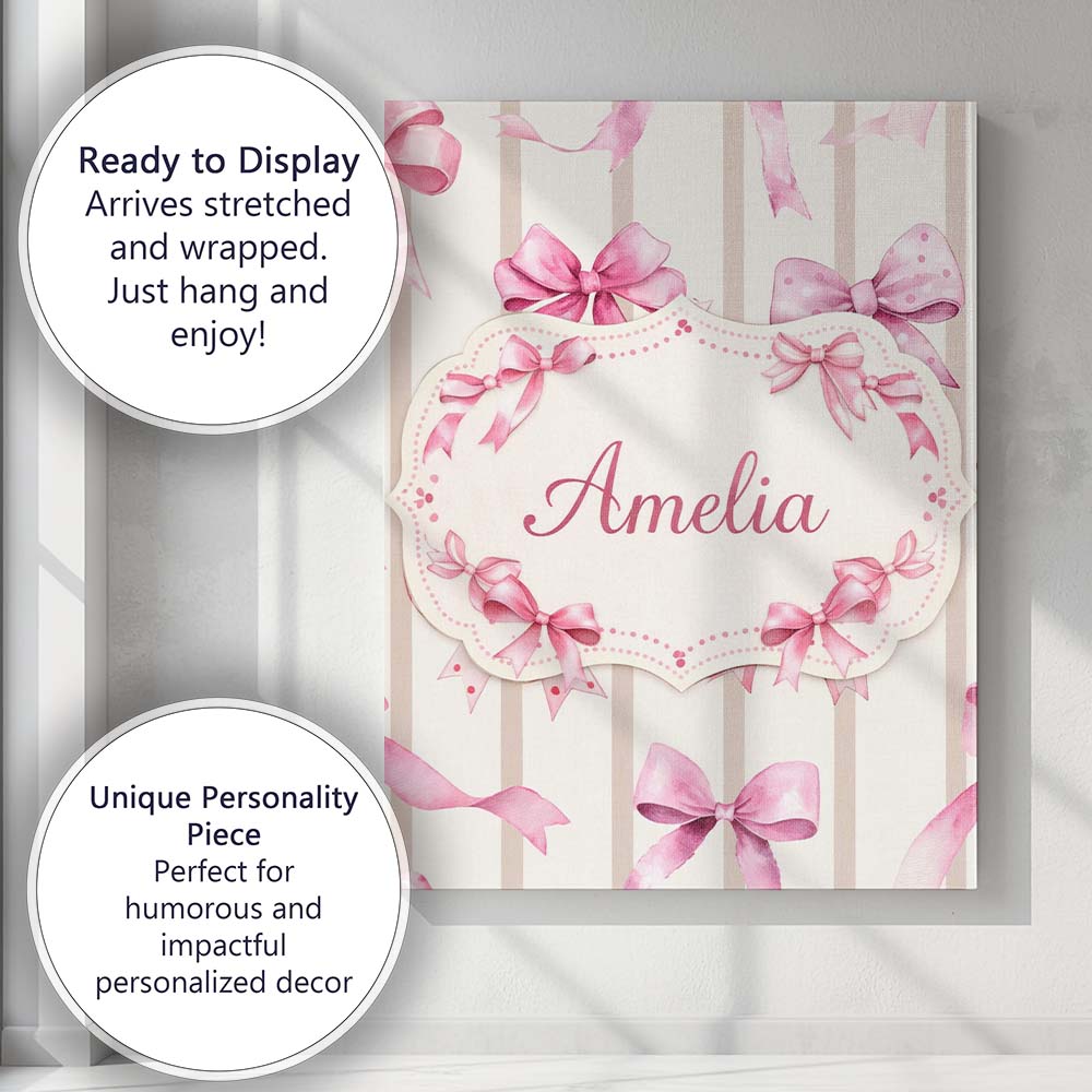 Personalised Name Watercolor Pink Ribbon Bow with Neutral Beige Custom  Statement Canvas Wall Art Print Decor Picture Ready to Hang