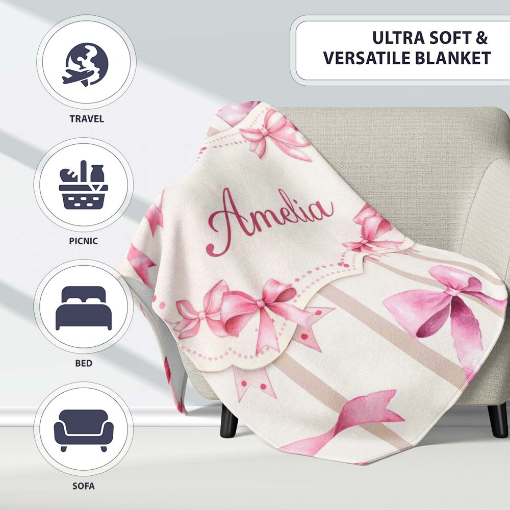 Watercolor Pink Ribbon Bow with Neutral Beige Stripes Background  Personalised Custom Name Super Soft Fleece Blanket Bed Sofa Throw