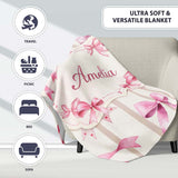 Watercolor Pink Ribbon Bow with Neutral Beige Stripes Background  Personalised Custom Name Super Soft Fleece Blanket Bed Sofa Throw