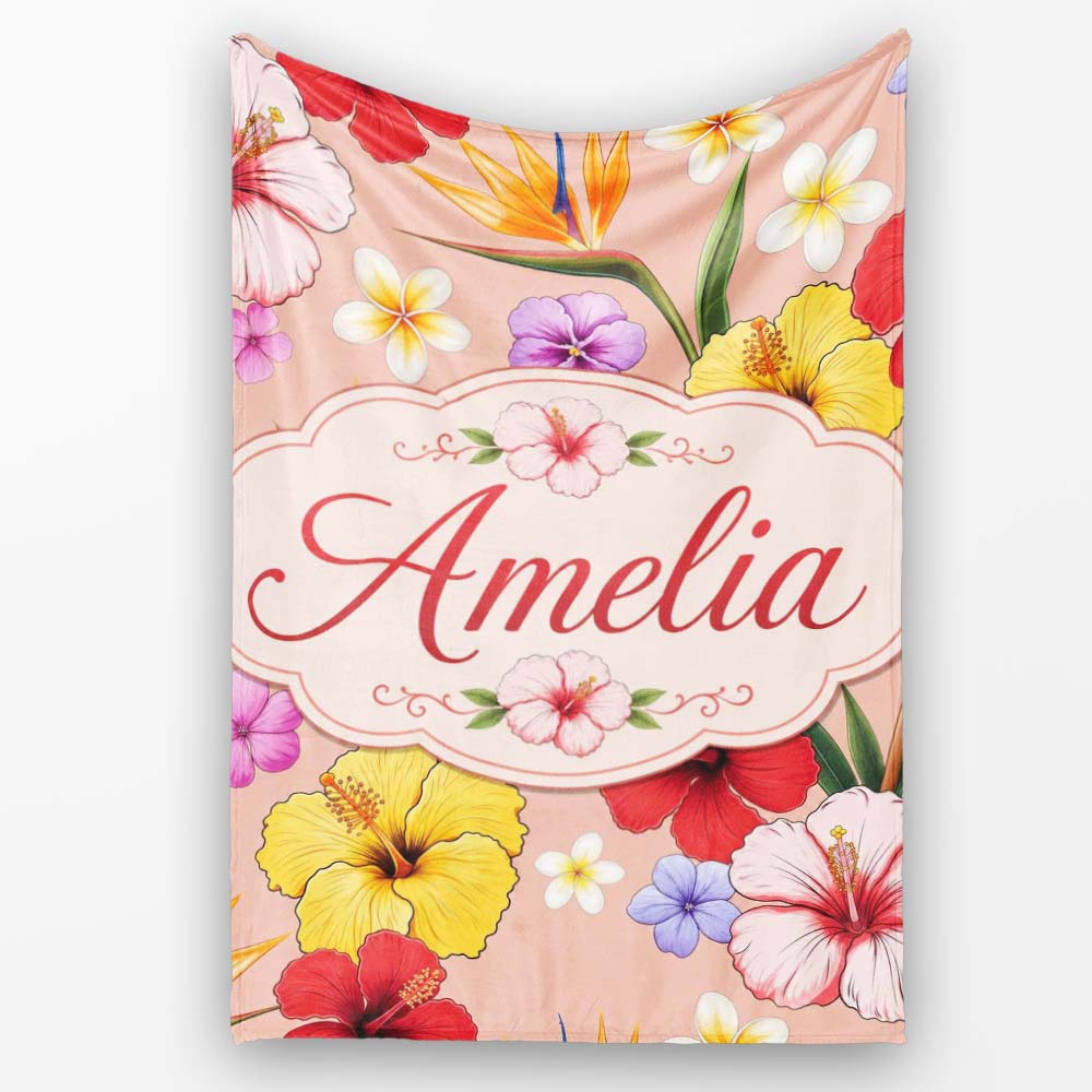 Tropical Hibiscus Bird of Paradise Seamless Pattern Peach Background  Personalised Custom Name Super Soft Fleece Blanket Bed Sofa Throw