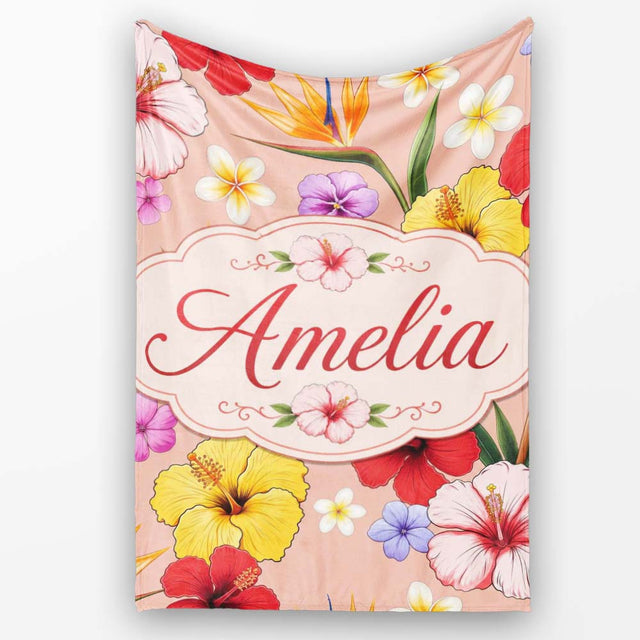 Tropical Hibiscus Bird of Paradise Seamless Pattern Peach Background  Personalised Custom Name Super Soft Fleece Blanket Bed Sofa Throw