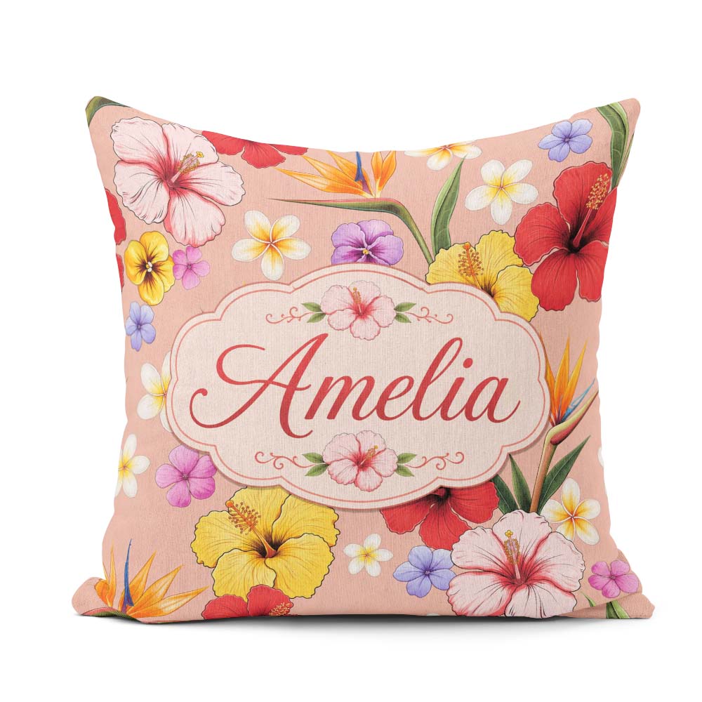 Custom Name Tropical Hibiscus of Paradise Seamless Pattern Peach Square Filled Cushion Throw Pillow Sofa Bed Home Decor Zip Washable UK Made