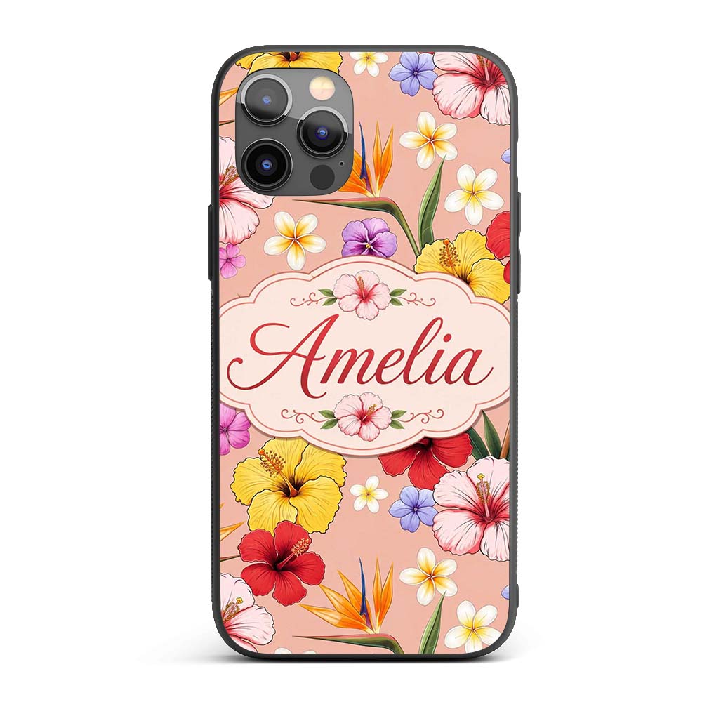 Tropical Hibiscus Bird of Paradise Printed Design Custom Name Protective Phone Case Mobile Cover Durable Everyday Smartphone Shock Resistant