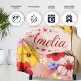 Tropical Hibiscus Bird of Paradise Seamless Pattern Peach Background  Personalised Custom Name Super Soft Fleece Blanket Bed Sofa Throw