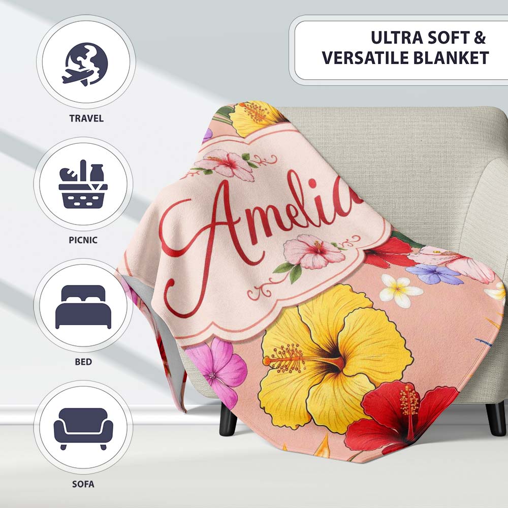 Tropical Hibiscus Bird of Paradise Seamless Pattern Peach Background  Personalised Custom Name Super Soft Fleece Blanket Bed Sofa Throw