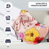 Tropical Hibiscus Bird of Paradise Seamless Pattern Peach Background  Personalised Custom Name Super Soft Fleece Blanket Bed Sofa Throw