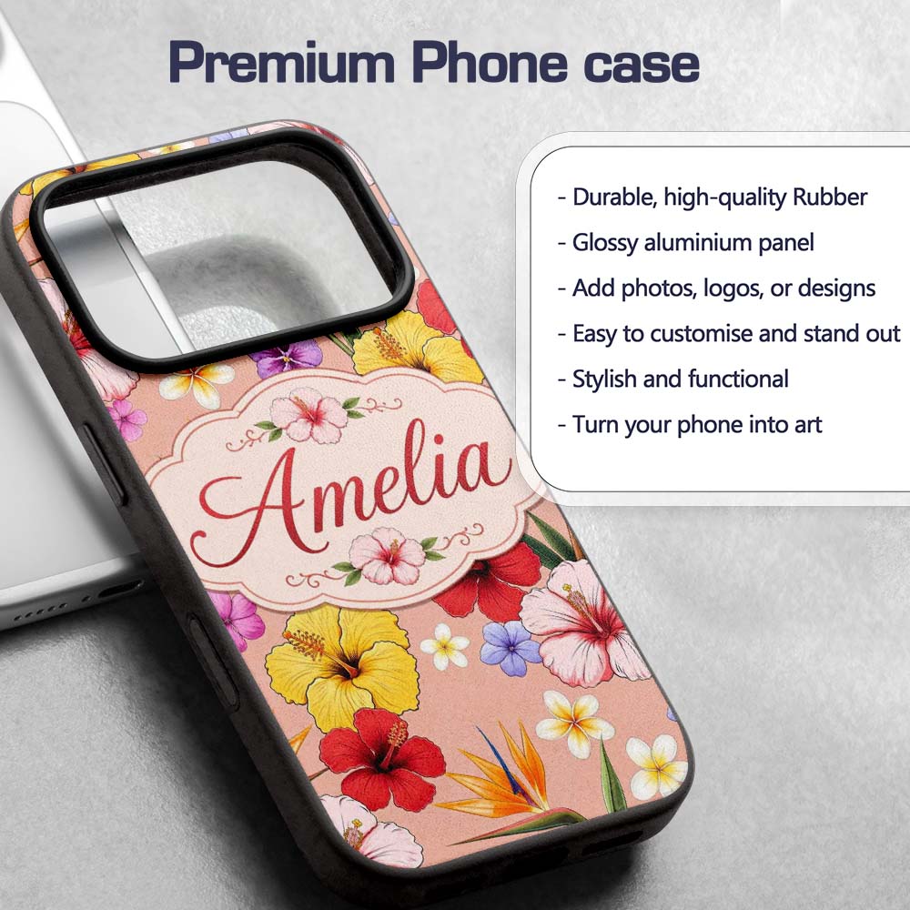 Tropical Hibiscus Bird of Paradise Printed Design Custom Name Protective Phone Case Mobile Cover Durable Everyday Smartphone Shock Resistant