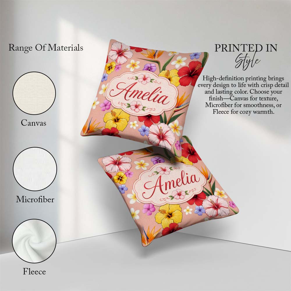 Custom Name Tropical Hibiscus of Paradise Seamless Pattern Peach Square Filled Cushion Throw Pillow Sofa Bed Home Decor Zip Washable UK Made