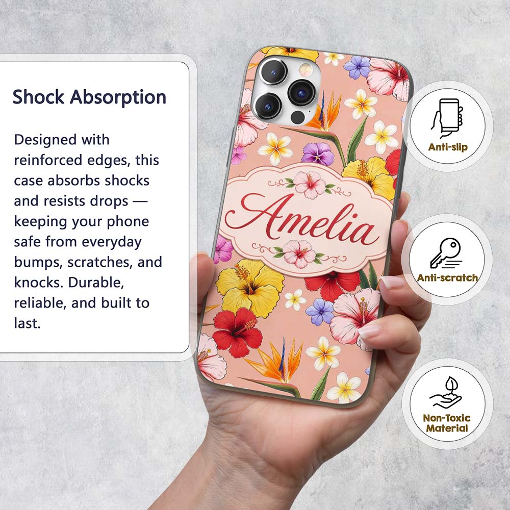 Tropical Hibiscus Bird of Paradise Printed Design Custom Name Protective Phone Case Mobile Cover Durable Everyday Smartphone Shock Resistant