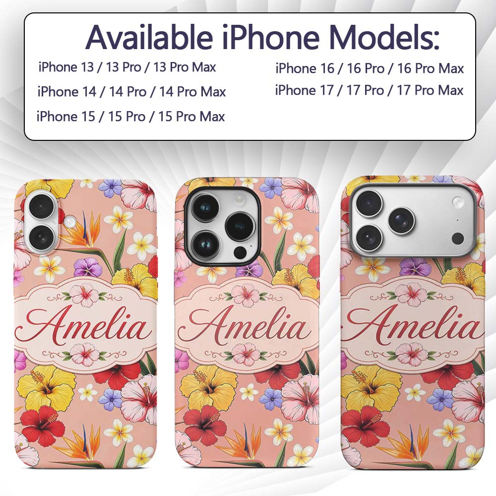 Tropical Hibiscus Bird of Paradise Printed Design Custom Name Protective Phone Case Mobile Cover Durable Everyday Smartphone Shock Resistant