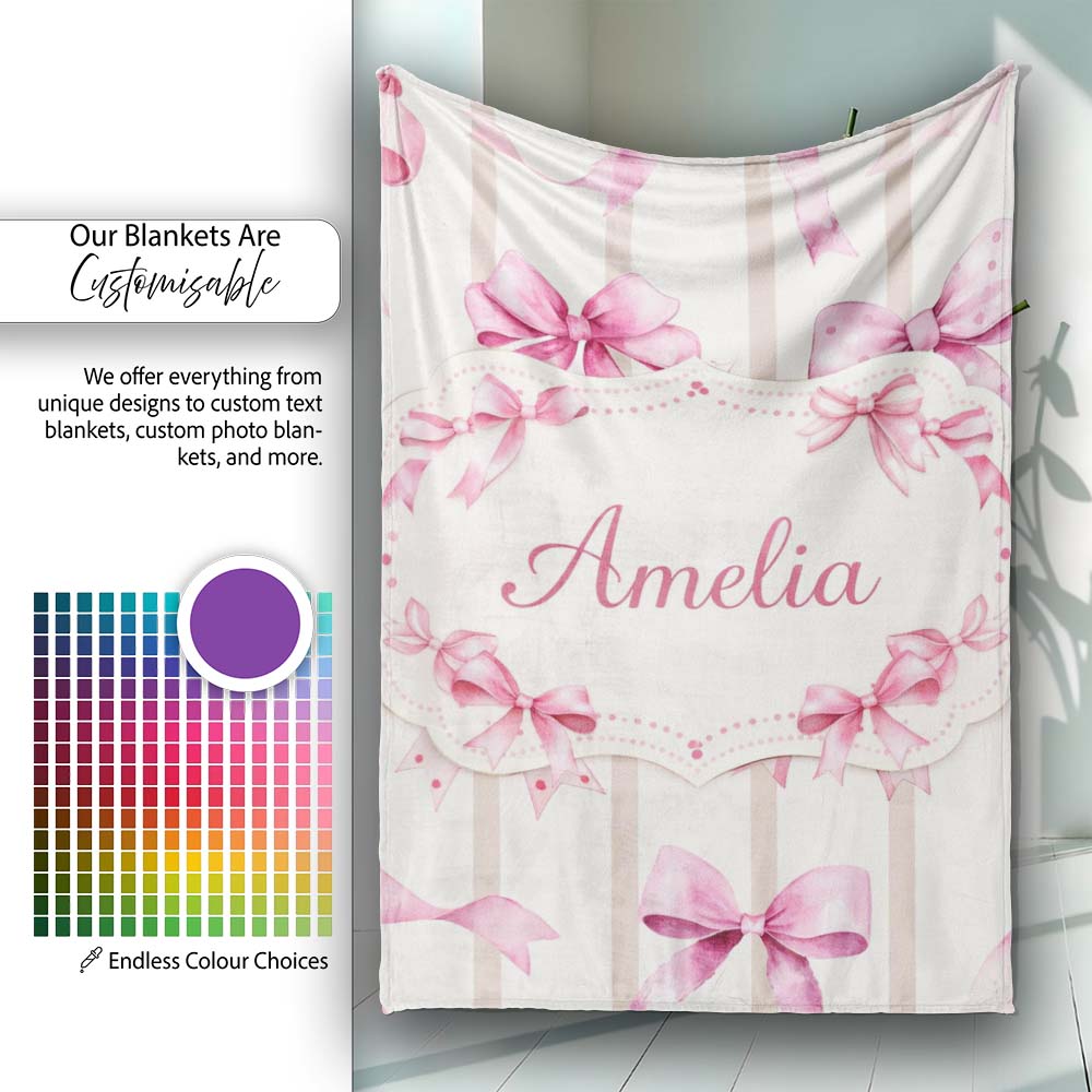 Watercolor Pink Ribbon Bow with Neutral Beige Stripes Background  Personalised Custom Name Super Soft Fleece Blanket Bed Sofa Throw