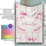 Watercolor Pink Ribbon Bow with Neutral Beige Stripes Background  Personalised Custom Name Super Soft Fleece Blanket Bed Sofa Throw