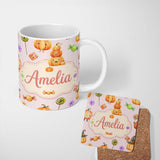 Personalized Custom Name Cute Candy Pumpkin Characters Pink Background Seamless Pattern UK 11oz Ceramic Coffee Tea Mug White Large Handle