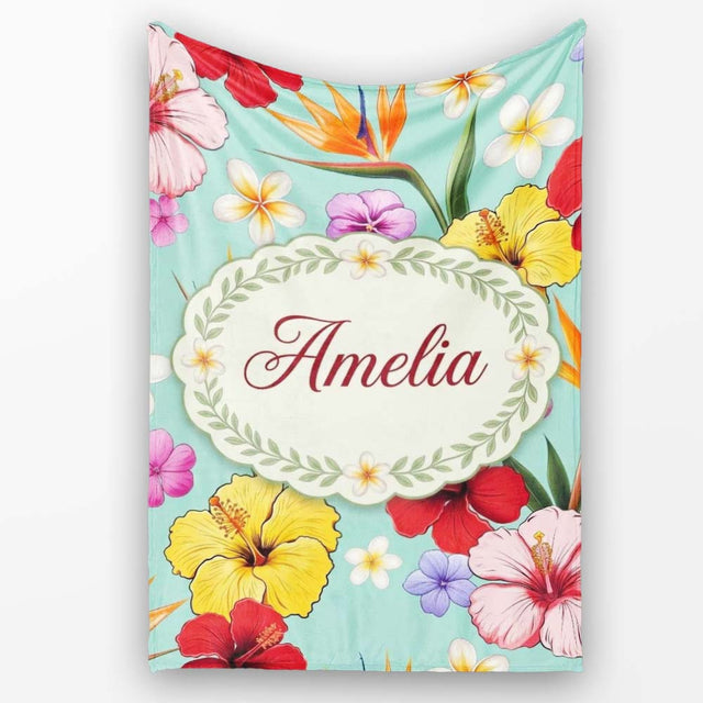 Tropical Hibiscus Bird of Paradise Seamless Pattern Teal Background  Personalised Custom Name Super Soft Fleece Blanket Bed Sofa Throw