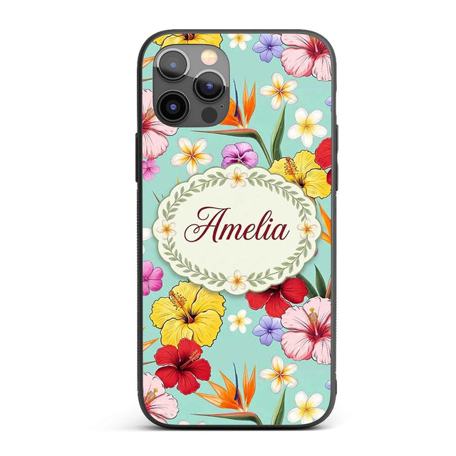 Tropical Hibiscus Bird of Paradise Printed Design Custom Name Protective Phone Case Mobile Cover Durable Everyday Smartphone Shock Resistant