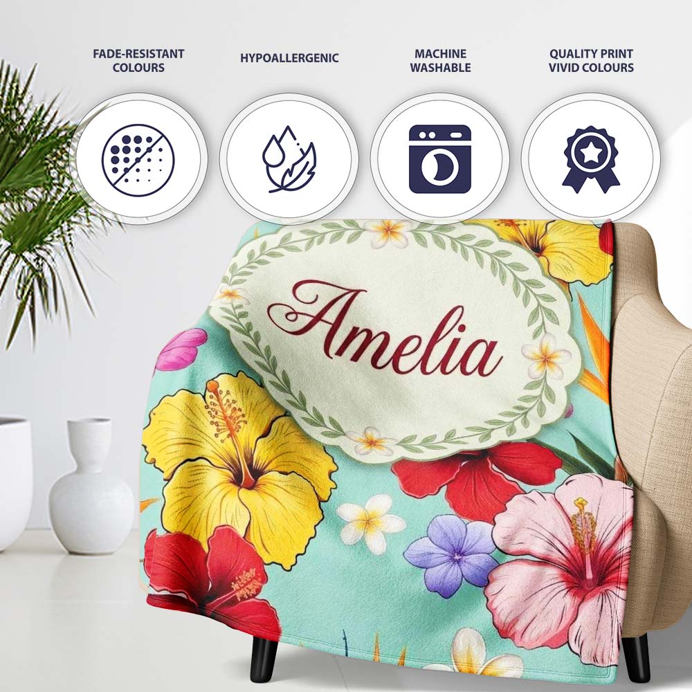 Tropical Hibiscus Bird of Paradise Seamless Pattern Teal Background  Personalised Custom Name Super Soft Fleece Blanket Bed Sofa Throw