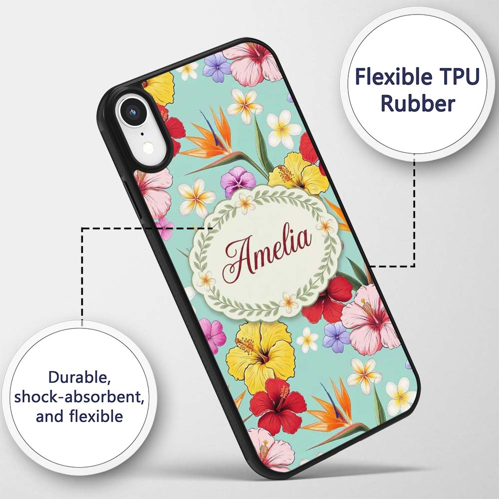 Tropical Hibiscus Bird of Paradise Printed Design Custom Name Protective Phone Case Mobile Cover Durable Everyday Smartphone Shock Resistant