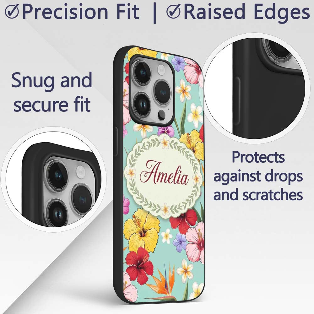 Tropical Hibiscus Bird of Paradise Printed Design Custom Name Protective Phone Case Mobile Cover Durable Everyday Smartphone Shock Resistant