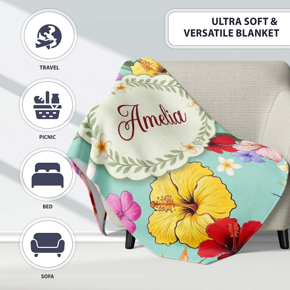 Tropical Hibiscus Bird of Paradise Seamless Pattern Teal Background  Personalised Custom Name Super Soft Fleece Blanket Bed Sofa Throw