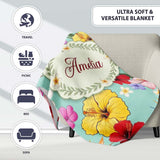 Tropical Hibiscus Bird of Paradise Seamless Pattern Teal Background  Personalised Custom Name Super Soft Fleece Blanket Bed Sofa Throw
