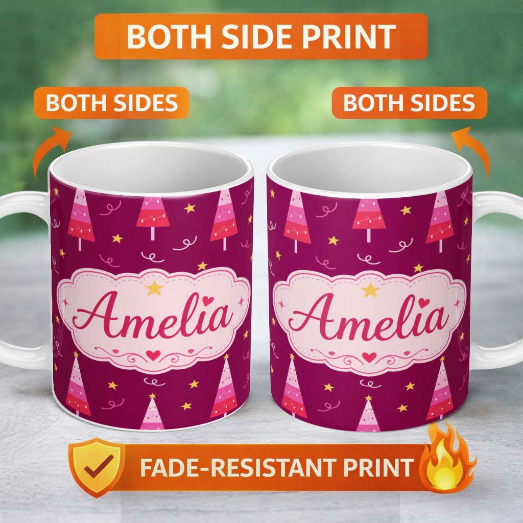 Personalized Custom Name Pink Christmas Trees Stars Lights Festive Seamless Pattern Lovely 11oz Ceramic Coffee Tea Mug White Large Handle