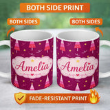Personalized Custom Name Pink Christmas Trees Stars Lights Festive Seamless Pattern Lovely 11oz Ceramic Coffee Tea Mug White Large Handle