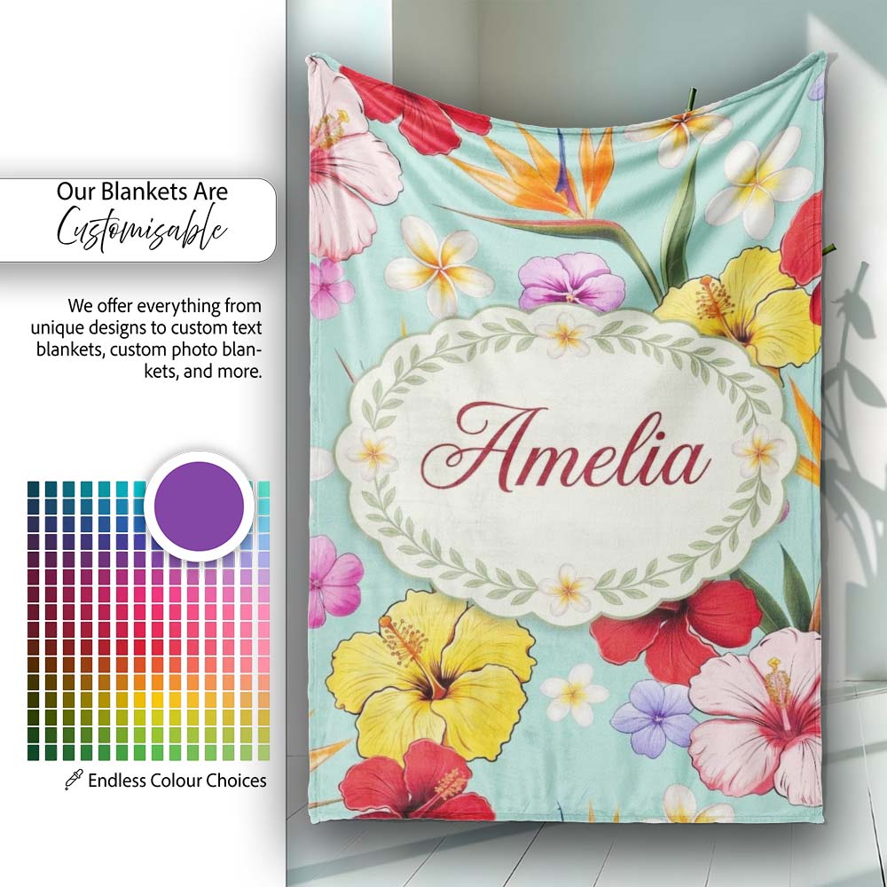 Tropical Hibiscus Bird of Paradise Seamless Pattern Teal Background  Personalised Custom Name Super Soft Fleece Blanket Bed Sofa Throw