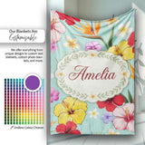 Tropical Hibiscus Bird of Paradise Seamless Pattern Teal Background  Personalised Custom Name Super Soft Fleece Blanket Bed Sofa Throw