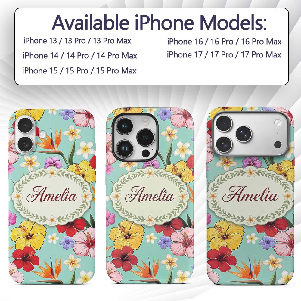 Tropical Hibiscus Bird of Paradise Printed Design Custom Name Protective Phone Case Mobile Cover Durable Everyday Smartphone Shock Resistant