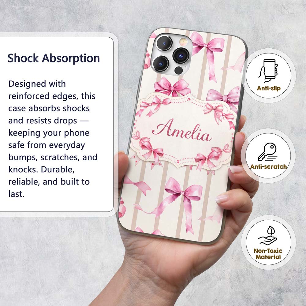 Watercolor Pink Ribbon Bow with Neutral Beige Custom Name Protective Phone Case Mobile Cover Durable Everyday Smartphone Shock Resistant